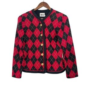 Vintage Leslie Fay Argyle Cardigan Jacket Red Black Plaid Gold Button Academic